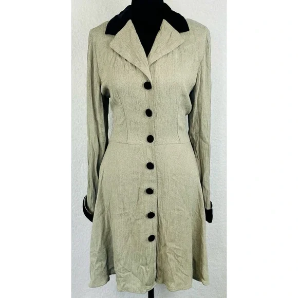 (VTG) CITY TRIANGLES • Sand/Brown Velvet Trim Button Long Sleeve Mini Dress, 7 - Picture 2 of 16
